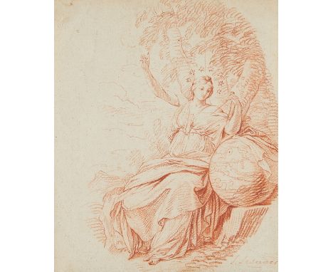 Eustache Le Sueur (French, 1617-1655). Sanguine red chalk on laid paper sketch titled "Urania, Muse of Astronomy" depicting a