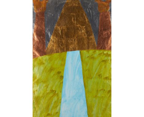Carol Summers (American, 1925-2016). Hand-embellished silkscreen print titled "Shiva's Throne" with applied metal leaf along 