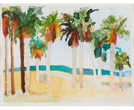Mickey Myers (American, 20th/21st c). Watercolor on paper painting titled "On the Beach I" depicting palm trees and a sandy s