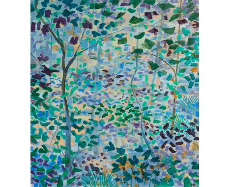 Robert La Hotan (American, 1927-2002). Oil on canvas painting titled "The Virgin Woods" depicting an Impressionist style fore