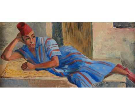 Clement Bernard Haupers (American, 1900-1982). Oil on Masonite portrait painting depicting an Algerian man resting. He is dre