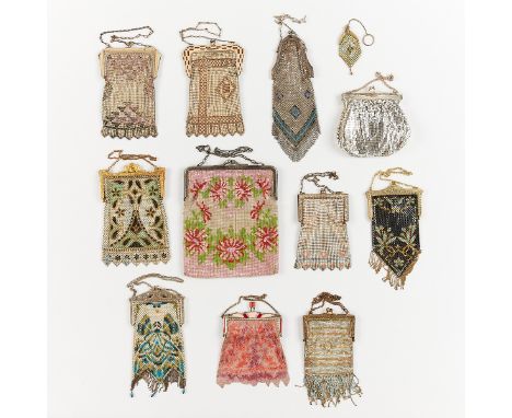 Group of 11 Art Deco beaded or mesh purses and bags and a rosary pouch. Two bags stamped "Mandalian Manufacturing Co" along t