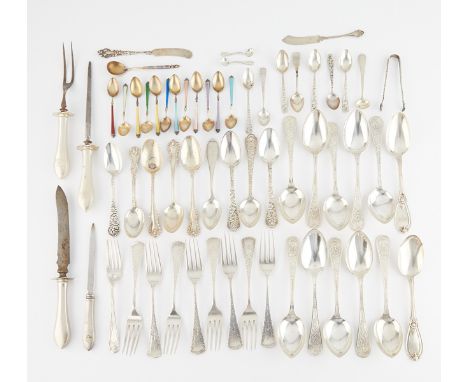 Group of 59 pieces of sterling silver flatware including: three Whiting carving utensils, a set of eight forks and 11 spoons 