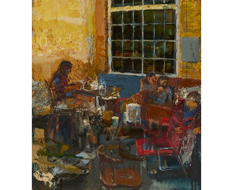 Gideon Bok (American, b. 1966). Oil on linen painting titled "For L.B." depicting an interior scene with figurs seated among 