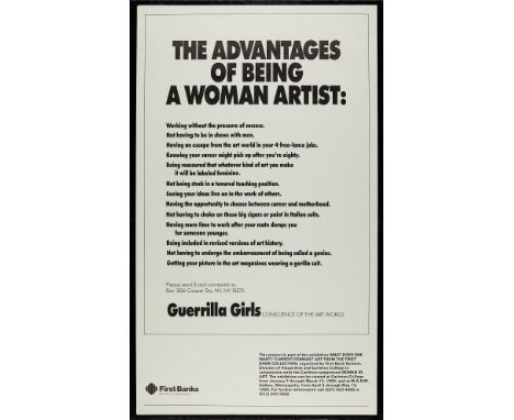 Exhibition poster depicting the work "The Advantages of Being a Woman Artist" detailing thirteen ironic comments on women in 