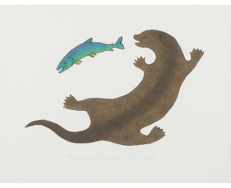 Paulosie Sivuak (Inuit, 1930-1987). Serigraph and stencil on paper titled "Otter Fishing" depicting an otter chasing after a 