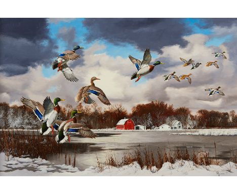 David A. Maass (American, b. 1929). Oil on masonite painting titled "Season's End: Mallards" depicting a dozen ducks taking w