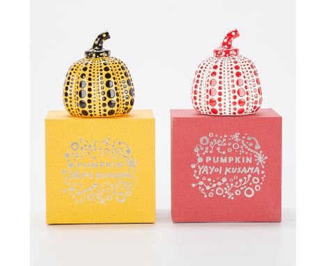 Yayoi Kusama (Japanese, b. 1929). Group of two painted cast resin pumpkins with Kusama's iconic dot motif; one in red and whi