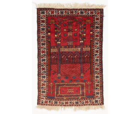 Caucasian handwoven wool prayer rug, possibly Kazak or Afghan. Depicting the architectural forms of a mosque including a mina