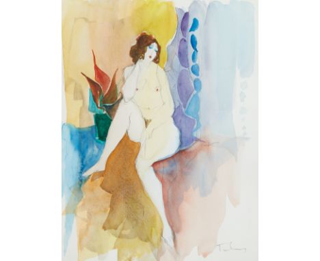 Itzchak Tarkay (Israeli, 1935-2012). Watercolor on paper painting depicting a nude woman seated next to a potted plant. Penci