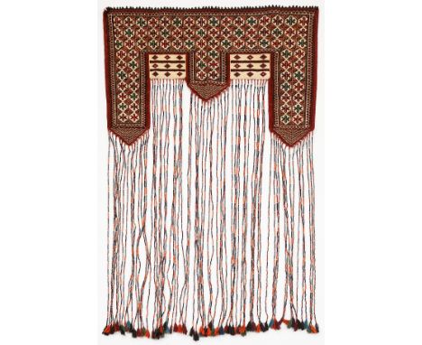 Middle Eastern or Turkish kapanuk wool hanging wall rug with long tasseled fringes meant for a tent or yurt door.Provenance: 