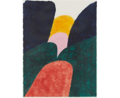 Carol Summers (American, 1925-2016). Color woodcut titled "Red Lake" depicting a landscape in bold colors and shapes, ca. 197