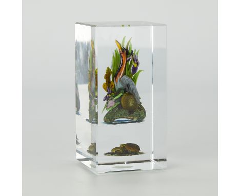 Rick Ayotte (American, 20th/21st c). Rectangular art glass paperweight with a crane and turtle. Ayotte was a student of renow