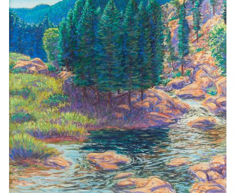 Russell Hamilton (American, 1950-2014). Pastel on paper drawing titled "Wide Shallows #2" depicting a stream flowing down fro