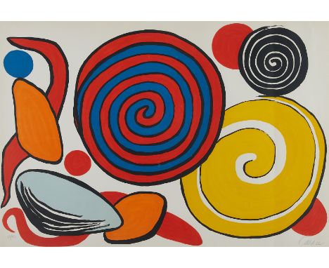 Alexander Calder (American, 1898-1976). Color lithograph depicting circles and spirals in bright and vibrant colors, 1970. Re