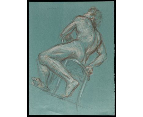 Paul Cadmus (American, 1904-1999). Crayon on green paper drawing depicting a nude male figure twisting around on a chair. Sig