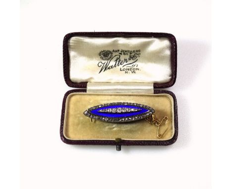 Late Victorian gold and blue enamel elliptical memorial brooch set rose cut diamonds, with a 9ct safety chain, W.4.2cm, gross