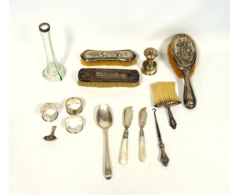 Regency silver caddy spoon by J L, Birmingham, 1816; tablespoon, (a/f); 3 napkin rings, pepper grinder, 2 butter knives, 3 si