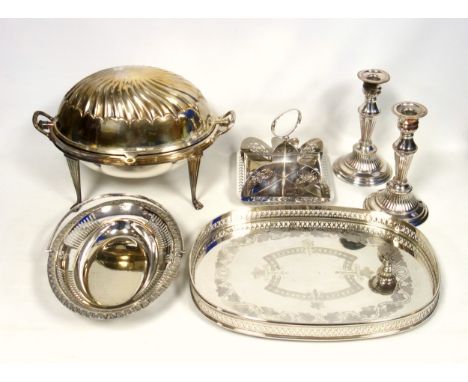 Silver plated revolving oval breakfast dish, W.34cm; pair of candlesticks, sandwich stand, oval tray, W.37cm, tea and coffee 