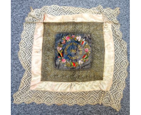 First World War silk needlework with inscription "Souvenir Of The Great War, France, 1918), with Allied flags and flowers, wi