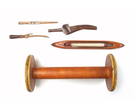 19th century treen goose wing knitting sheaf, L.25cm; Clayton Bradford wooden industrial bobbin or spool, 40cm; Bancroft Lign