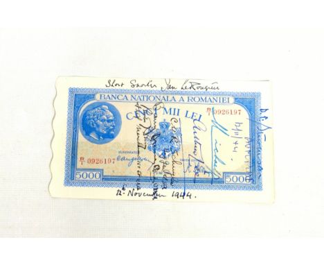 'Short snorter' for 12th November 1944, a Romanian 5000 lei banknote from British diplomat, Sir John Helier Le Rougetel KCMG 