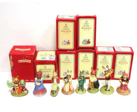 Eight Royal Doulton Bunnykins models, Sir Gawain, Sundial, Gardener, Sands of Time, Stop Watch, Golfer, Caddie, and Fortune T