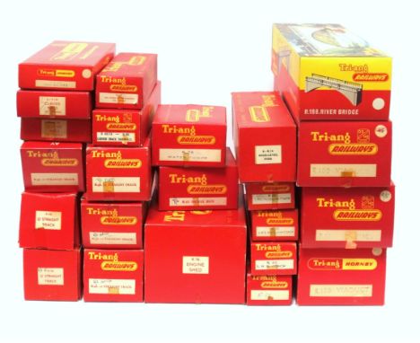 5 Tri-ang L.M.S Passenger Coaches, R.20; 3 Viaducts, R.180, and a quantity of OO Gauge track and buildings, boxed. (a lot) 