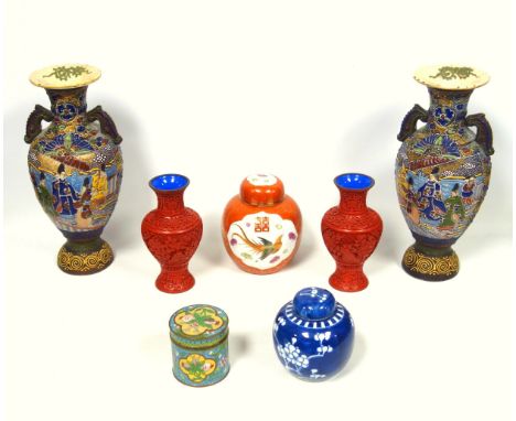 Pair of Chinese cinnabar lacquer baluster cases, H.18cm; cloisonné cylindrical box with cover decorated with quatrefoil reser