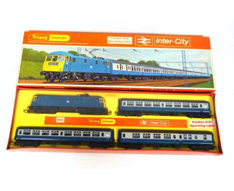 Tri-ang Hornby Intercity Electric Locomotive with Pantograph and 3 Passenger Coaches with operating lights, R.644A, still in 