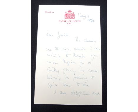 H.R.H. The Princess Margaret, typed letter on Clarence House headed notepaper to Gerald Lascelles (Margaret's first cousin), 