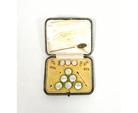 Set of six 15ct gold, pearl and enamel dress studs, 8.9grs, and 3 gold plated studs, cased, and a stick pin. (a lot) 