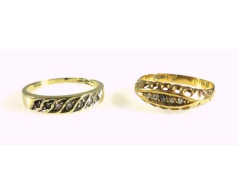 18ct gold ring with 5 diamonds in a pierced setting, Chester, 1911, 2.3grs, and a 9ct ring set 7 brilliants, 1.5grs. (2) 