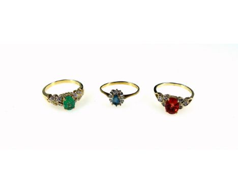 9ct gold ring set topaz and 6 diamonds, 9ct ring set pale green stone and brilliants, and a 9ct ring set sapphire and diamond