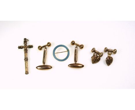 Pair of 9ct gold dumbell cuff-links, London 1920, 7.7 grams, pale blue enamel circular openwork brooch, stamped 14K, 1.9 gram