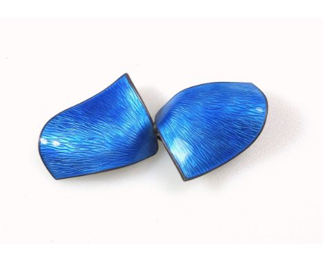 A Norwegian Modernist silver and guilloche enamel brooch, comprising two attached blue enamel triangular form panels, stamped