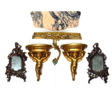 Pair of Italian gilt plaster cherub wall brackets, each with a semi circular top, 29.5 x 23.5cm; gilt brass wall shelf with a