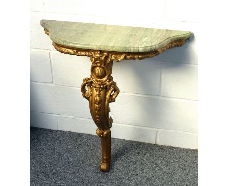 Victorian gilt moulded console table with floral decoration, and a green veined marble top, on a cabriole leg, 80 x 81cm, (By