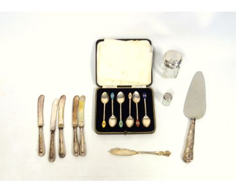 Set of 6 Art Deco silver and coloured enamel demitasse spoons, by Lanson Ltd., Birmingham, 1939, cased; butter knife by Levi 