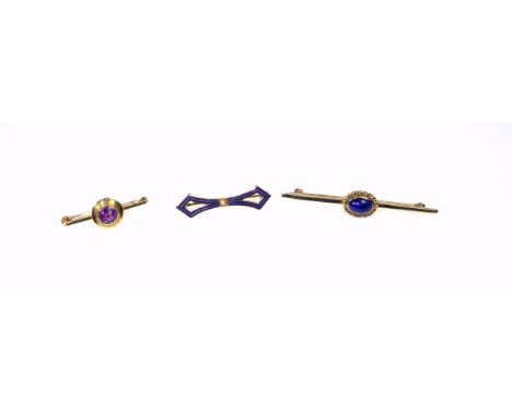 9ct gold and blue enamel bar brooch with a cabochon centre, by S &amp; Son, London, 1991, L.5cm; foreign blue enamel and seed