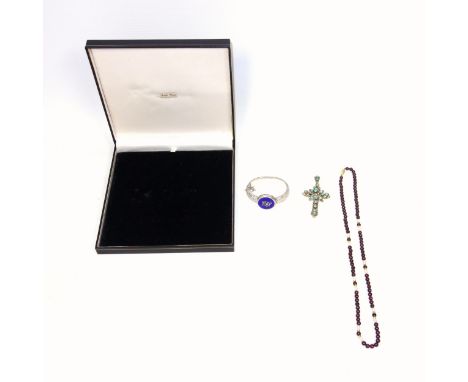 Purple and mother-of-pearl bead necklace with a clasp stamped "750", L.61cm, cased; Eastern turquoise and pearl set gilt meta