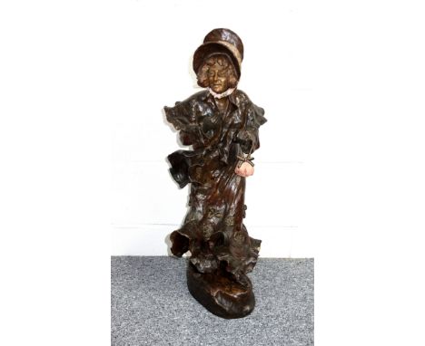 Late 19th Century Goldscheider bronzed earthenware figure of a woman wearing floral draped costume and bonnet, standing on a 