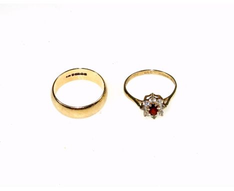 9ct gold wedding band, ring size M 1/2, 3.7 grams and a 9ct gold CZ and garnet ring, size N 1/2, 1.6 grams (2) 