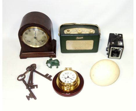 Roberts green Model R 200 transistor radio, Ansonia domed mantel clock with an 8 day movement striking on a gong, in a mahoga