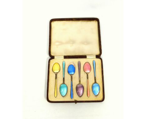 Set of 6 silver gilt and coloured enamel harlequin shell back coffee spoons, by S. Ltd., Birmingham, 1934, 80.3grs, (2 with s