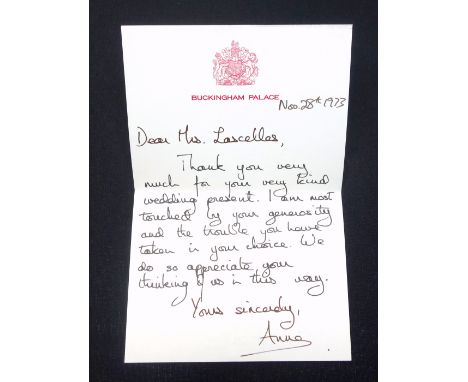 H.R.H. The Princess Anne hand-written letter on Buckingham Palace headed notepaper to the Hon. Mrs Gerald Lascelles (wife of 