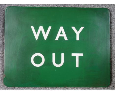 Southern Railway rounded rectangular enamel "Way out" sign, with white lettering on a green ground, the outside rim with hole