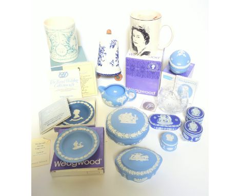 Wedgwood pale blue jasperware including an egg shaped trinket box, 'Aquarius' pin tray, cream jug and others, other commemora