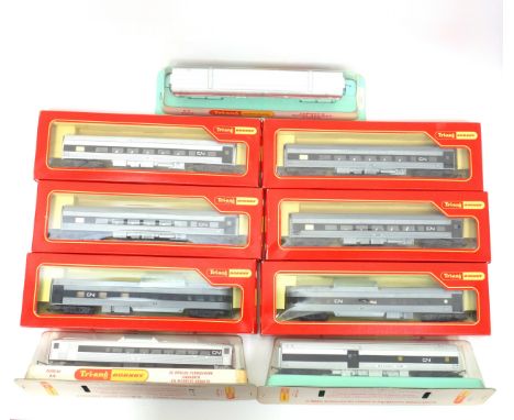4 Tri-ang Hornby CN Passenger Cars, R.444; 2 Observation Cars, R.445, all boxed; HO Gauge Baggage Car, 4461 ; another car, 35
