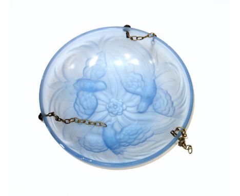 Art Deco blue frosted glass plafonnier with 3 moulded birds surrounding a central flower motif, Dia.34.5cm, (white paint mark